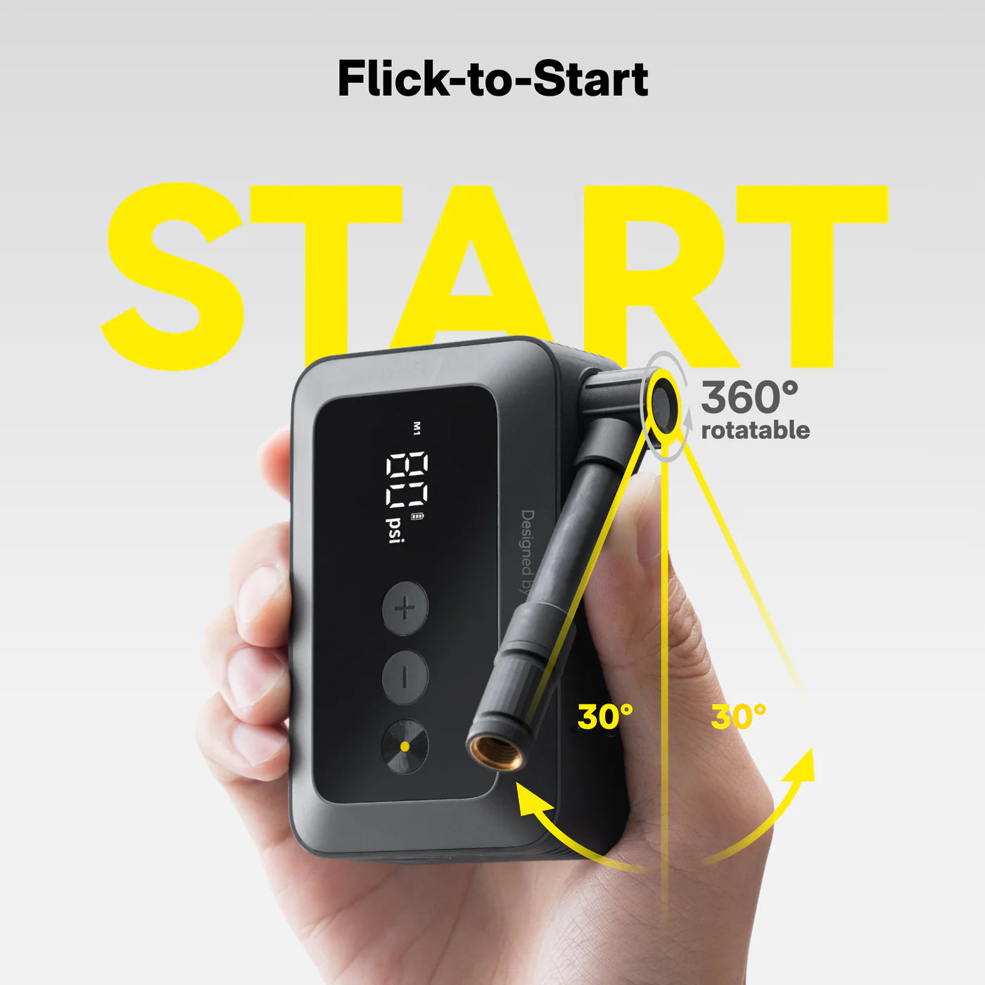 Hand holding a digital device with 'Flick-to-Start' feature and 'START' text on a gray background.
